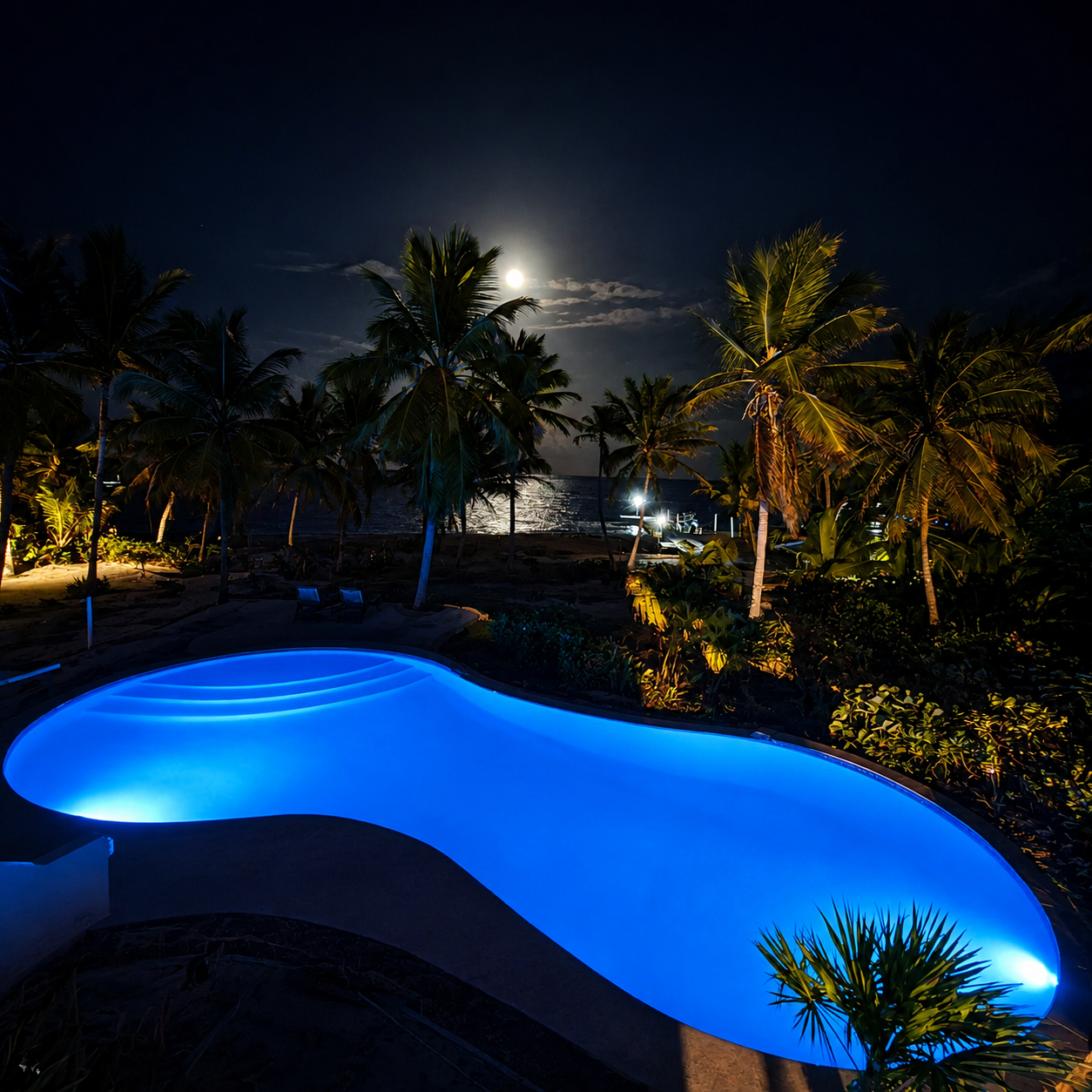 Blue-lit pool beneath palms with moonlight reflecting across the Caribbean
